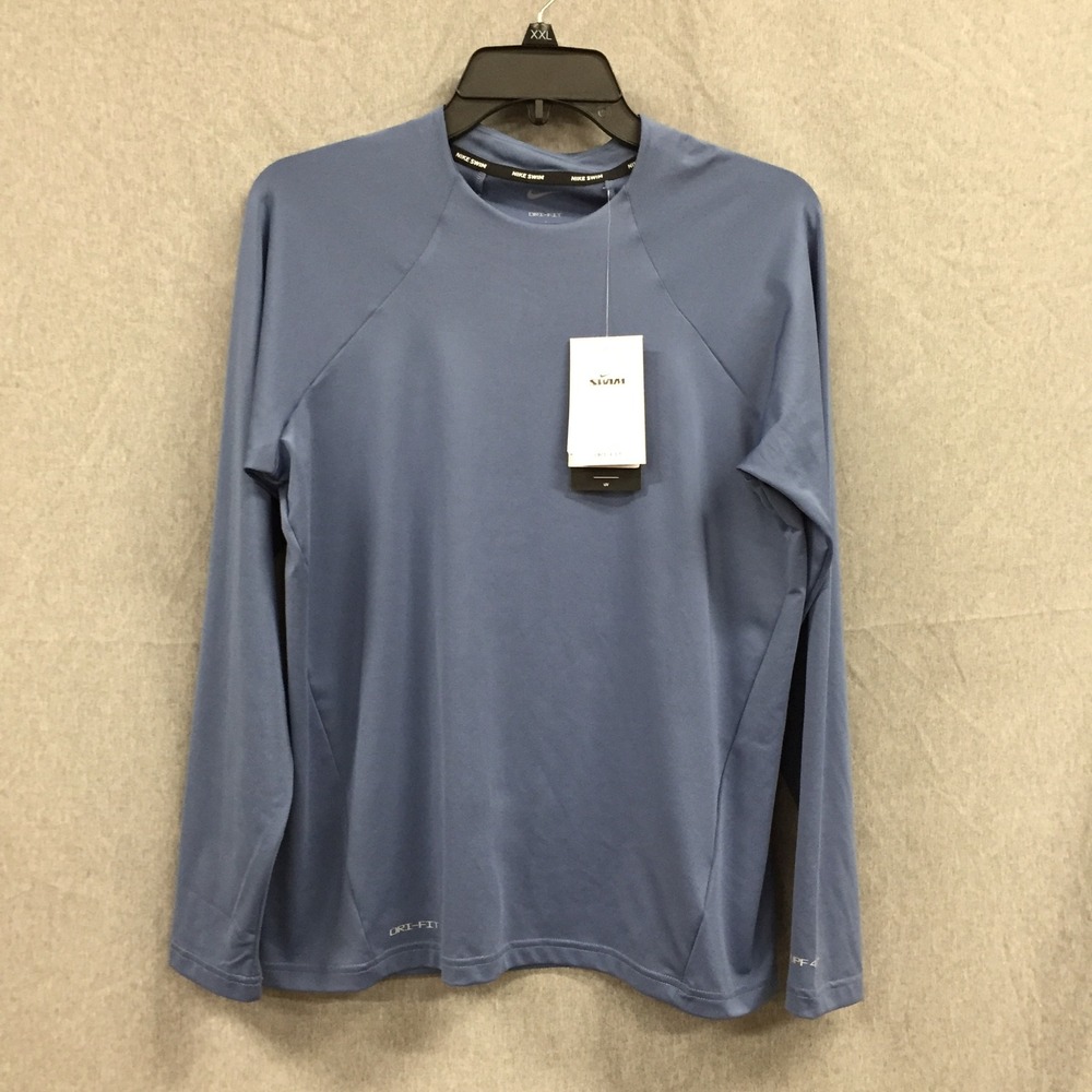 Nike Swim Mens Dri-FIT UPF 40+ Long Sleeve Rash Guard Blue NESSA386-097 Large